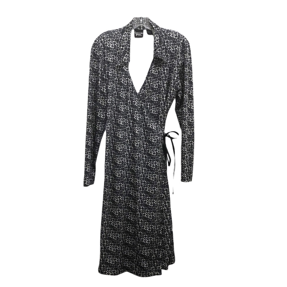 Crossing Pointe Geometric Long Sleeve Wrap Dress W Size 12MS Black/White/Gray